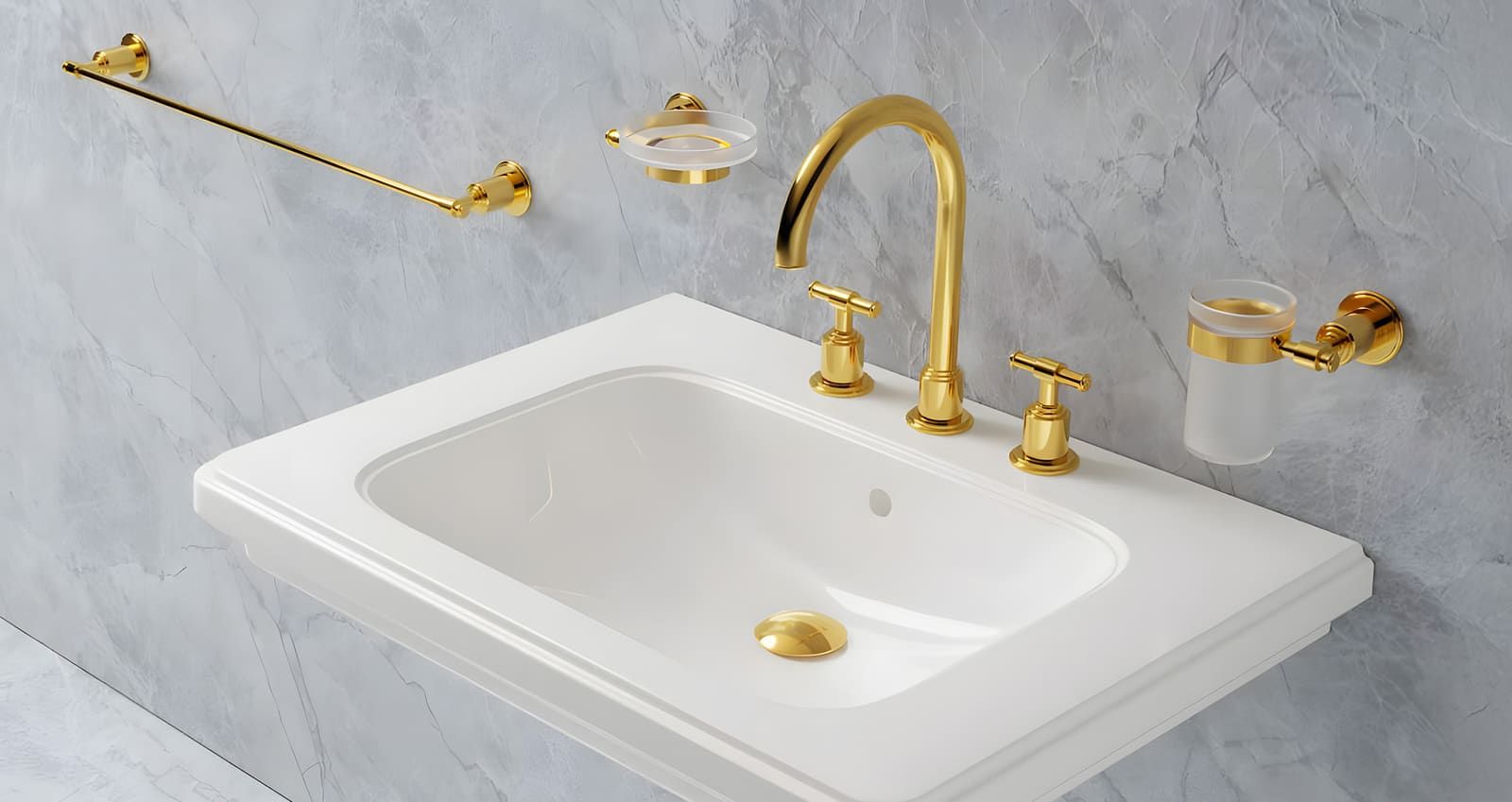 Gold brassware against marble - a towel rail, soap dish, tumbler holder and three-hole basin mixer, all in one finish