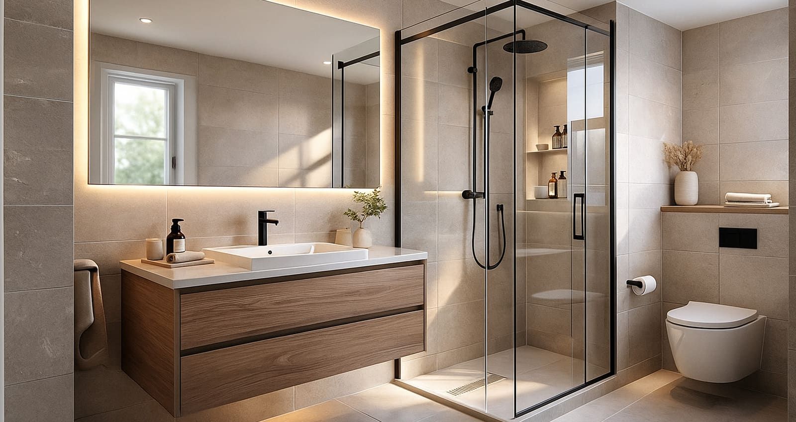 A stone-tiled bathroom with a backlit mirror over a timber vanity, a glass shower enclosure and a wall-hung toilet