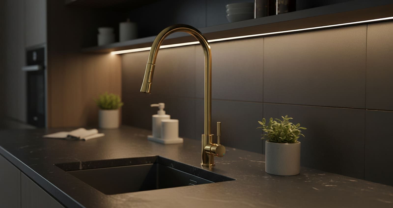 A brass pull-down mixer over an undermount sink, with dark cabinets and a stone worktop behind it