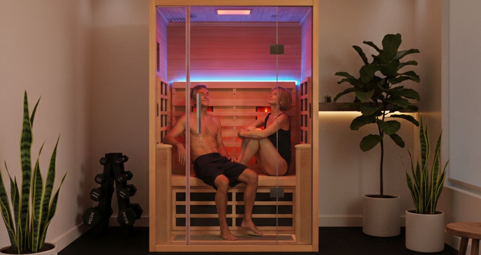 Two people sitting in a glass-fronted infrared sauna, with house plants and dumbbells in the room around it