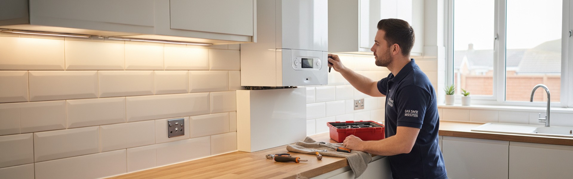A heating engineer servicing a boiler in a fitted kitchen
