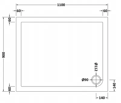 Technical drawing for Acrylic White Shower Tray (1100 x 900mm)