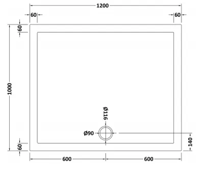 Technical drawing for Acrylic White Shower Tray (1200 x 1000mm)