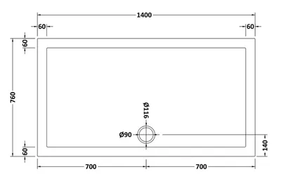 Technical drawing for Acrylic White Shower Tray (1400 x 760mm)