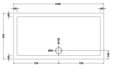 Technical drawing for Acrylic White Shower Tray (1500 x 760mm)
