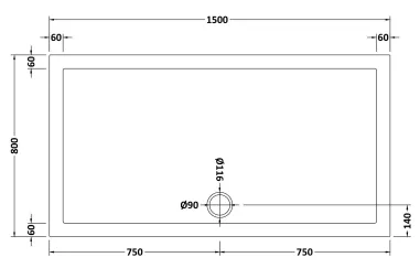 Technical drawing for Acrylic White Shower Tray (1500 x 800mm)