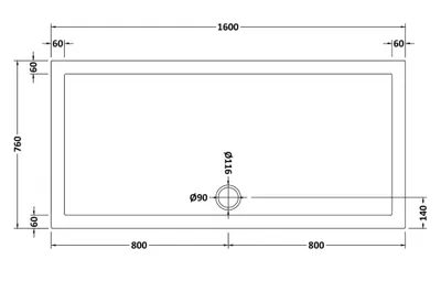 Technical drawing for Acrylic White Shower Tray (1600 x 760mm)