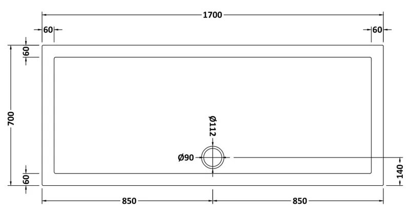 Technical drawing for Acrylic White Shower Tray (1700 x 700mm)