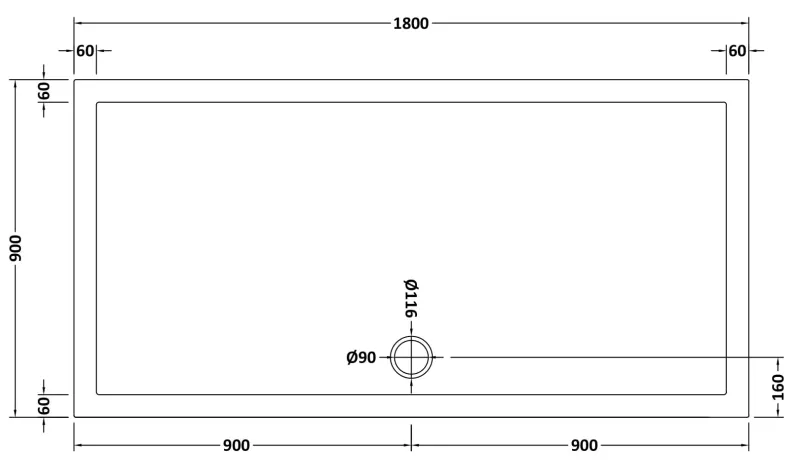 Technical drawing for Acrylic White Shower Tray (1800 x 900mm)