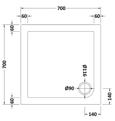 Technical drawing for Acrylic White Shower Tray (700 x 700mm)