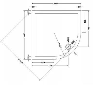 Technical drawing for Acrylic White Shower Tray (1000 x 1000mm)