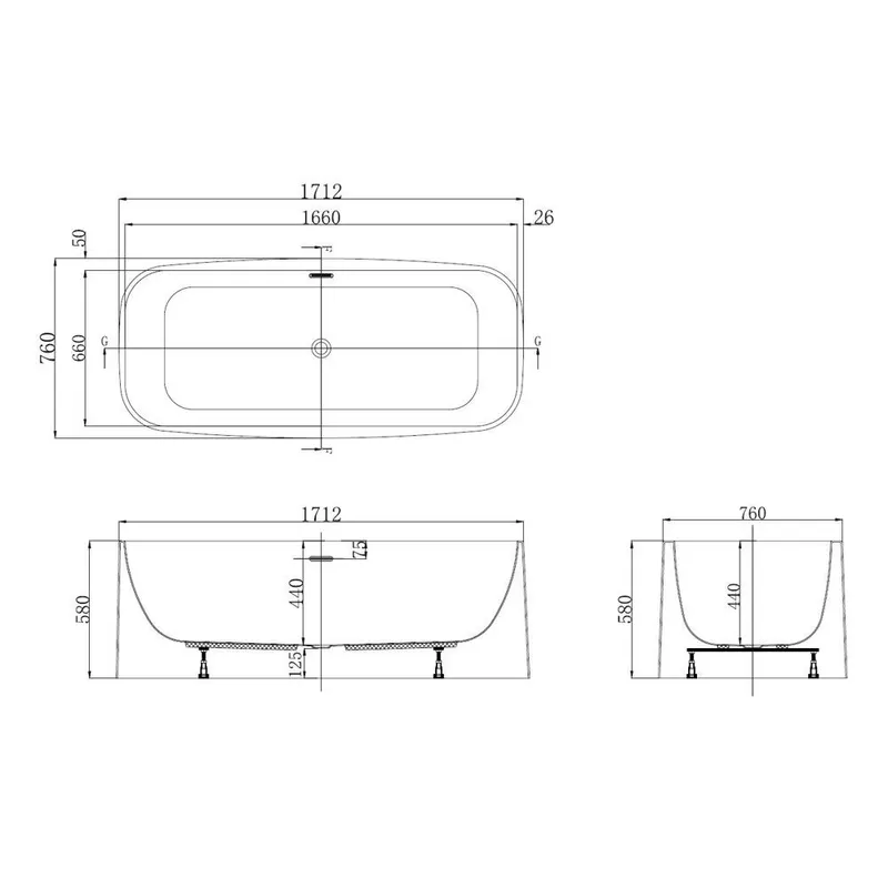Technical drawing for Alaska White free standing bathtub with over flow & waste 1712x760mm