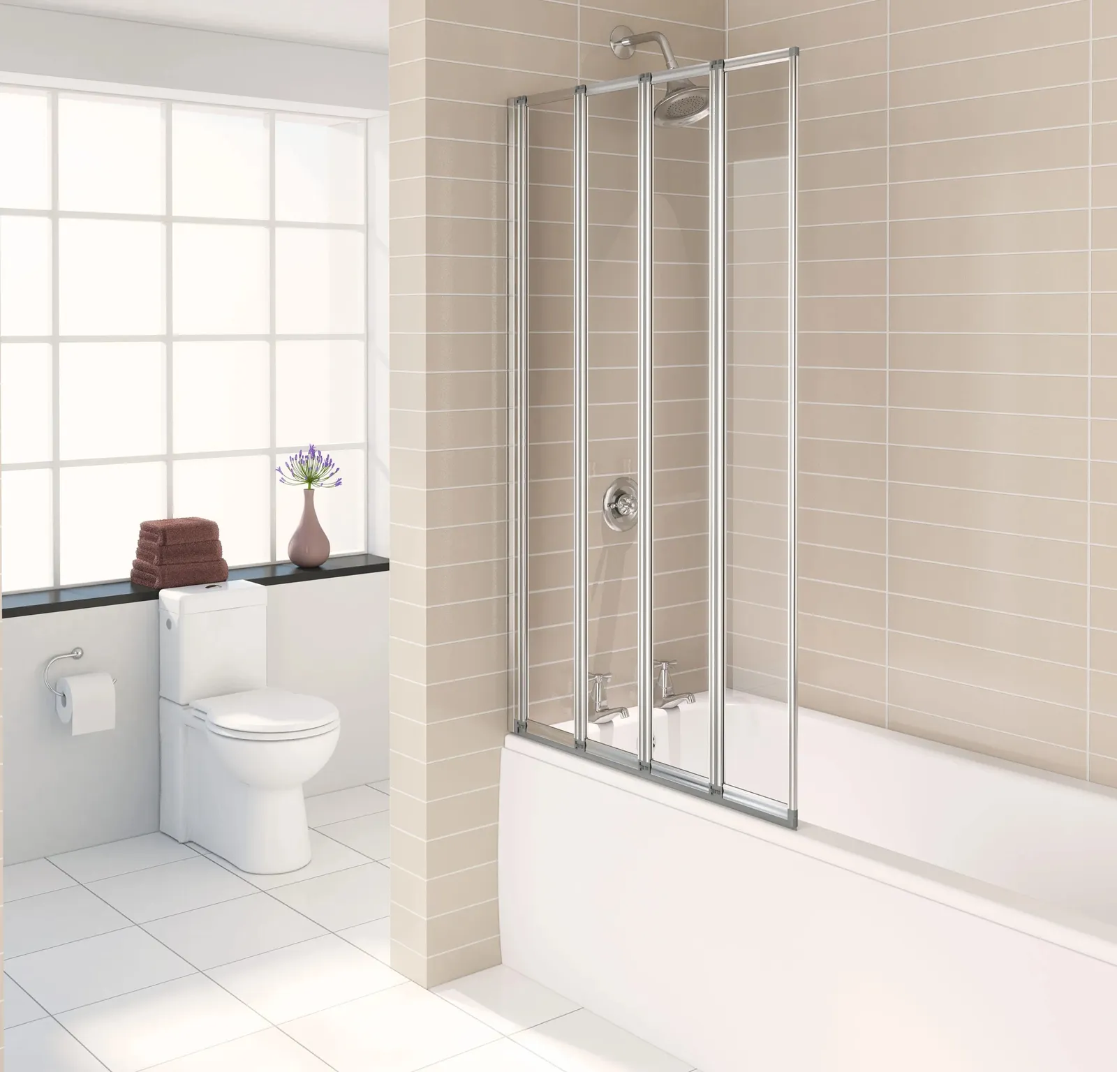 Aqualux 4 Fold Bath 844 x 1400mm Polished Silver 3mm Bath Shower Screen in Polished Silver