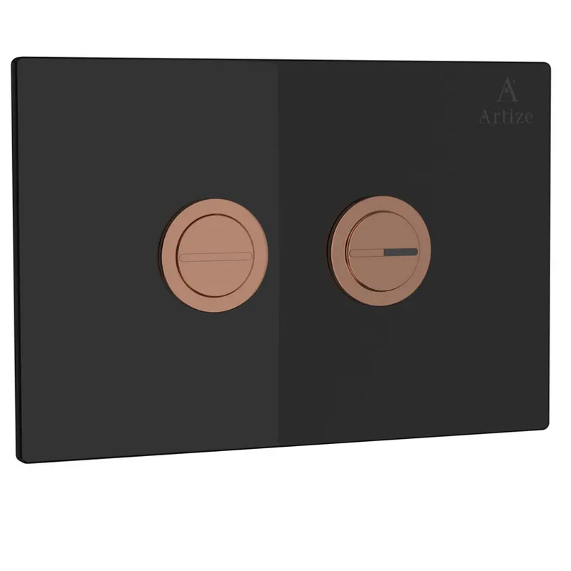 Artize Blush Gold PVD Cilica Pneumatic Black Glass Control Toilet Flush Plates in Blush Gold