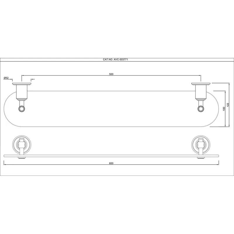 Technical drawing for Artize Chrome Glass Shelf 600mm Long