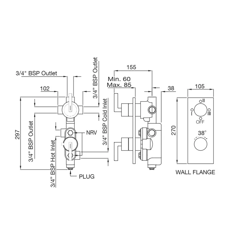 Technical drawing for Artize Chrome Linea Thermostatic shower valve with 3-way outlets