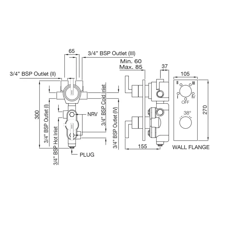 Technical drawing for Artize Chrome Linea Thermostatic shower valve with 4-way outlets