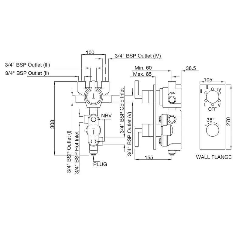 Technical drawing for Artize Chrome Linea Thermostatic shower valve with 5-way outlets