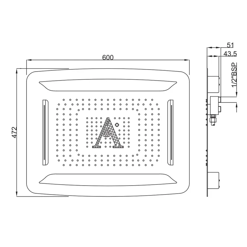Technical drawing for Artize Chrome Rainjoy 600X472mm AISI 304 stainless steel with RGB LED lights remote control