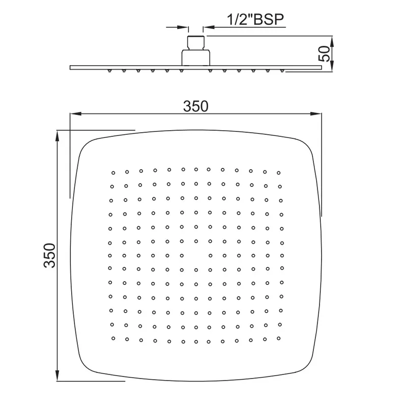Technical drawing for Artize Chrome Rainjoy Single Function 350X350mm Head Overhead Shower