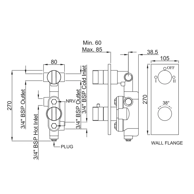 Technical drawing for Artize Chrome Thermatik-R Thermostatic shower valve with 2-way outlets