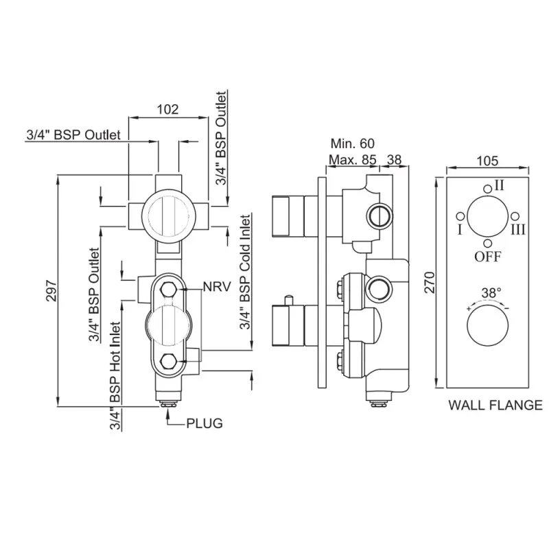 Technical drawing for Artize Chrome Thermatik-R Thermostatic shower valve with 3-way outlets