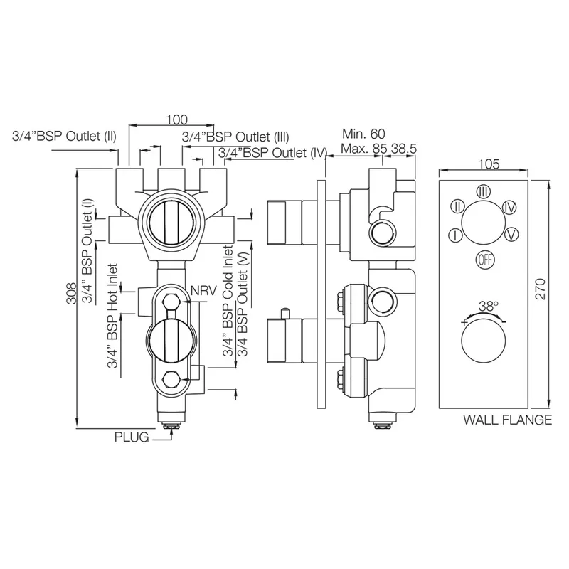 Technical drawing for Artize Chrome Thermatik-R Thermostatic shower valve with 5-way outlets