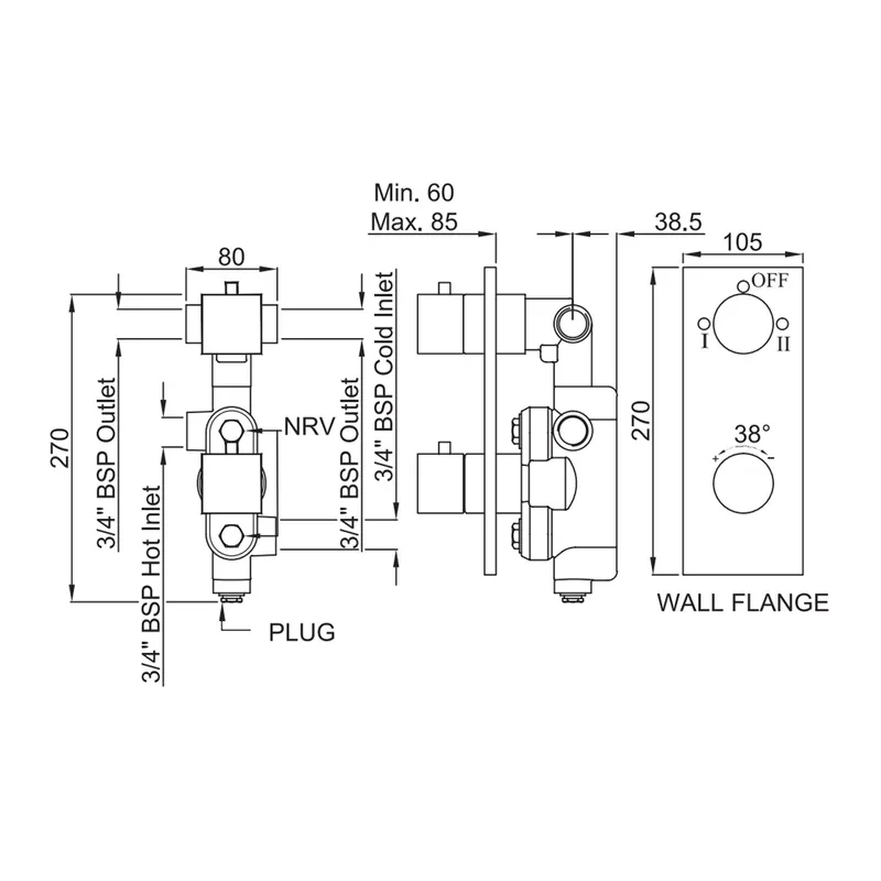 Technical drawing for Artize Chrome Thermatik-S in-wall thermostatic shower valve with 2-way outlets