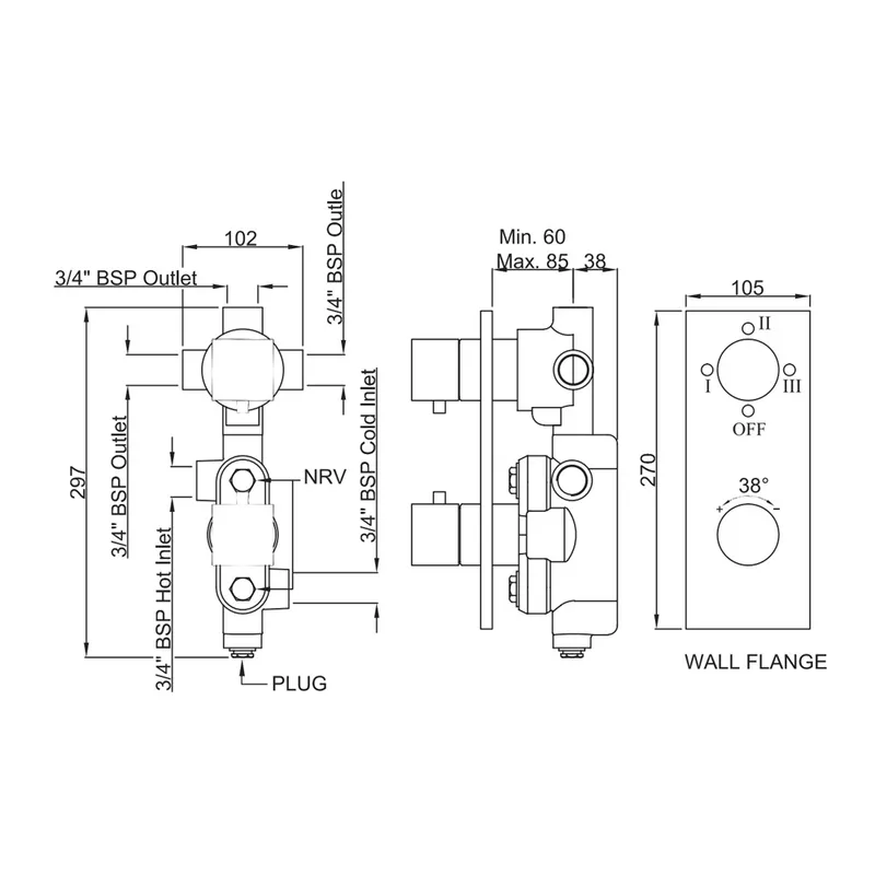 Technical drawing for Artize Chrome Thermatik-S in-wall thermostatic shower valve with 3-way outlets