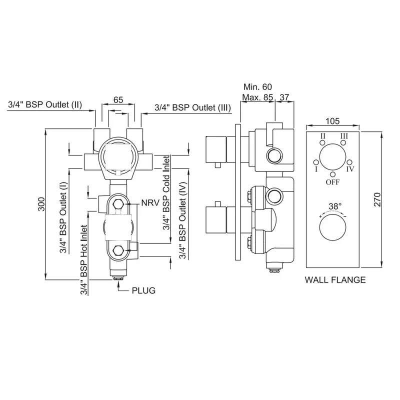 Technical drawing for Artize Chrome Thermatik-S in-wall thermostatic shower valve with 4-way outlets
