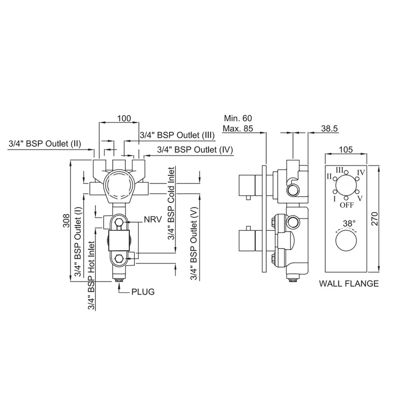 Technical drawing for Artize Chrome Thermatik-S in-wall thermostatic shower valve with 5-way outlets