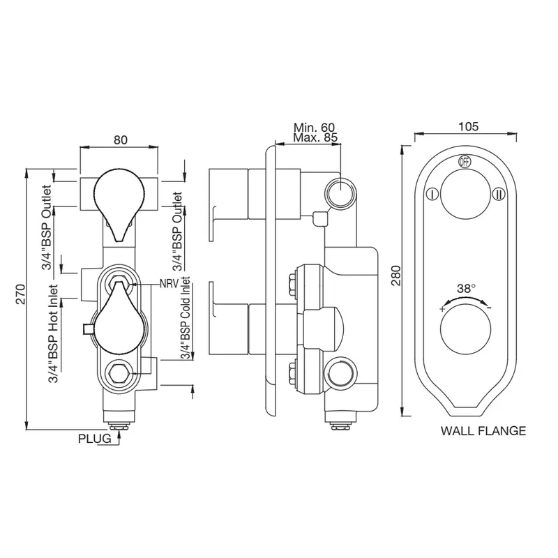 Technical drawing for Artize Chrome Tiaara Thermostatic shower valve with 2-way outlets