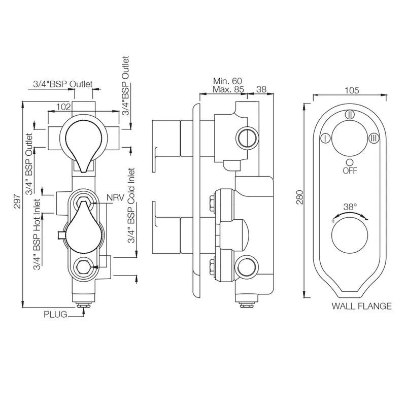 Technical drawing for Artize Chrome Tiaara Thermostatic shower valve with 3-way outlets