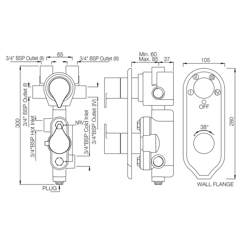 Technical drawing for Artize Chrome Tiaara Thermostatic shower valve with 4-way outlets