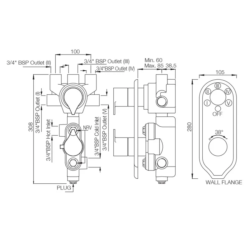 Technical drawing for Artize Chrome Tiaara Thermostatic shower valve with 5-way outlets