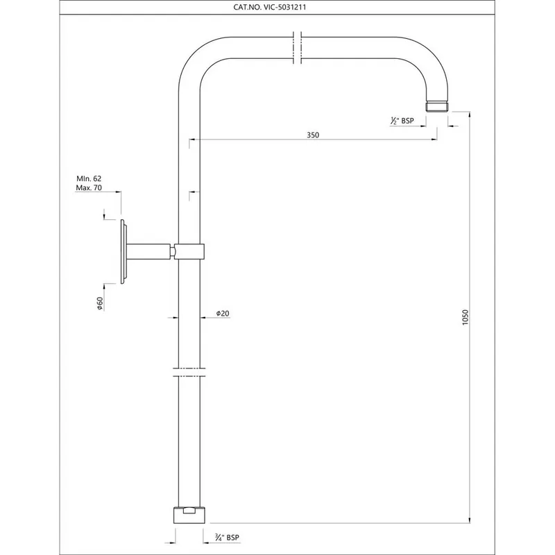 Technical drawing for Artize Chrome VIC Exposed Shower Pipe L-Type (Rigid Riser)