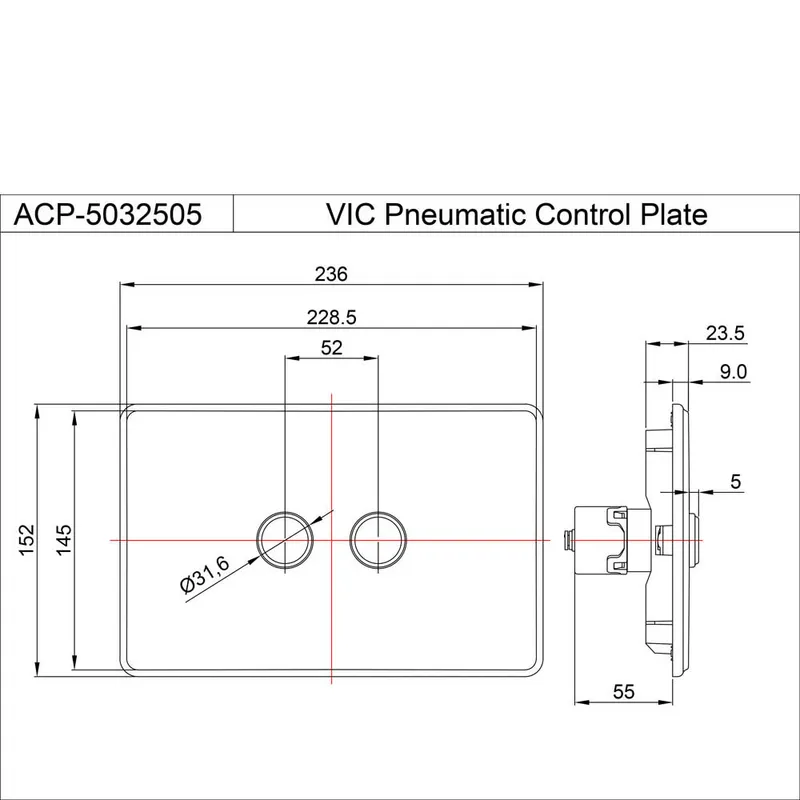 Technical drawing for Artize Chrome Vic Pneumatic control Toilet Flush Plates