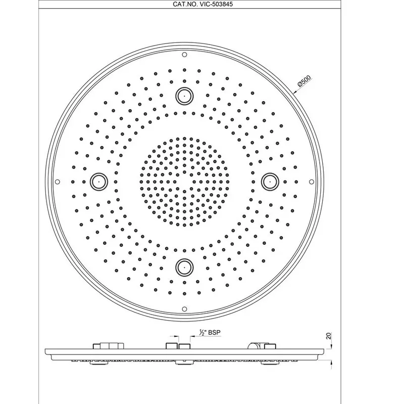 Technical drawing for Artize Chrome Vic Rainjoy Shower 500mm AISI 304 stainless steel 3-functions: Rain, Intense & 4 X Mist