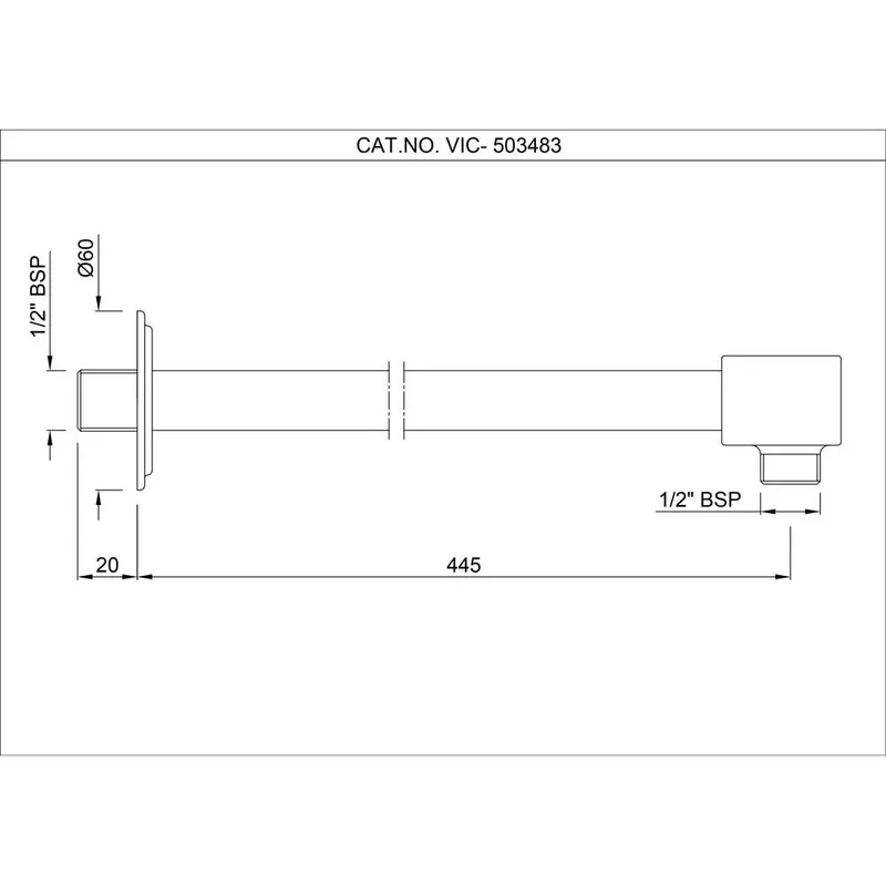Technical drawing for Artize Chrome Vic Shower Arm 450mm Long