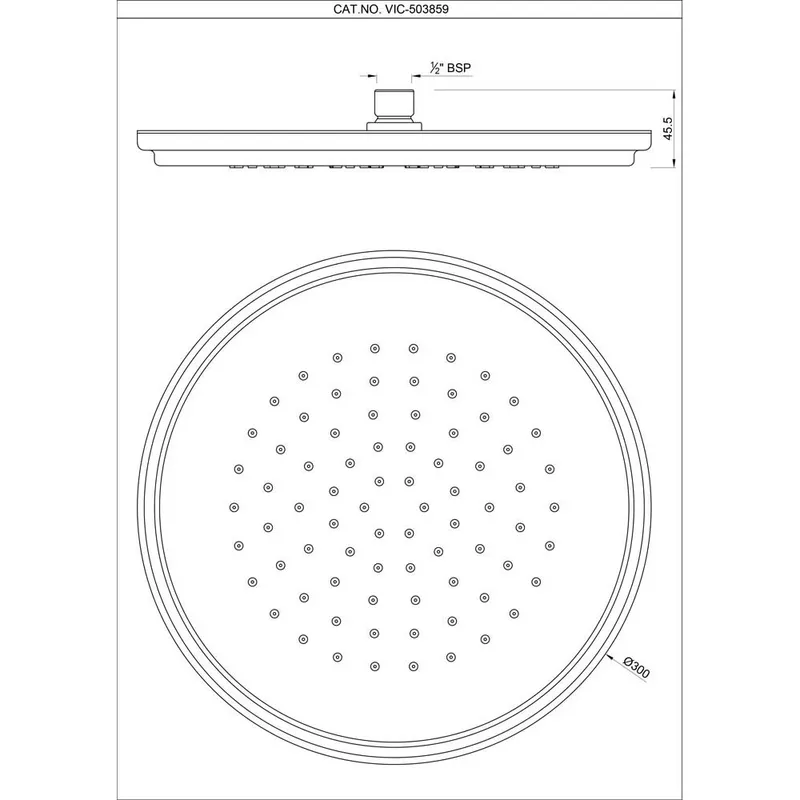 Technical drawing for Artize Chrome Vic Single Function 300mm Overhead Shower