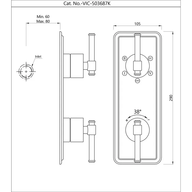 Technical drawing for Artize Chrome VIC Thermostatic Shower Mixer 5-way Outlets