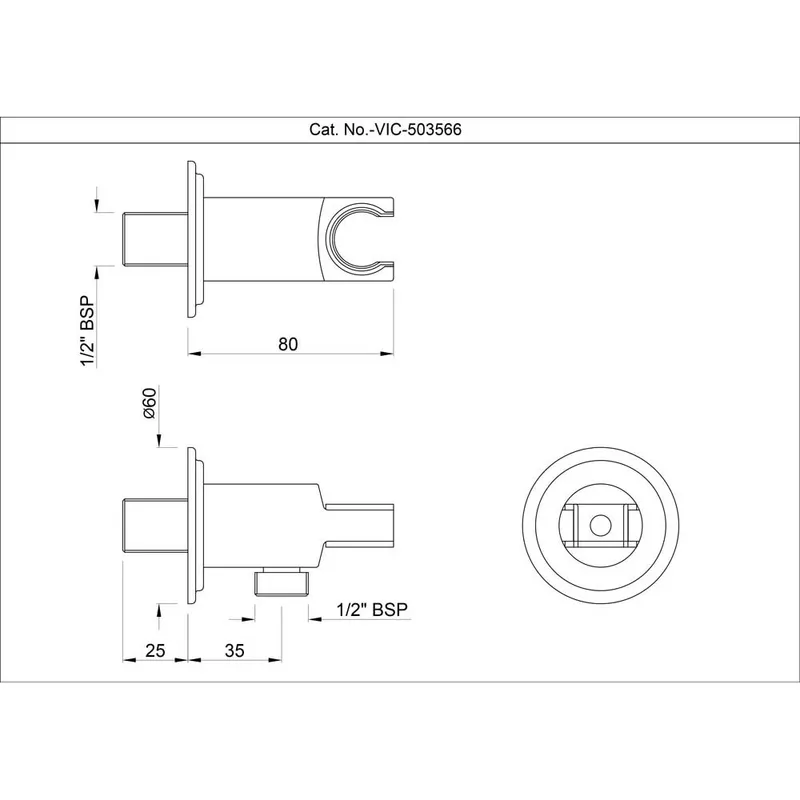 Technical drawing for Artize Chrome Vic Wall Outlet with Shower Hook