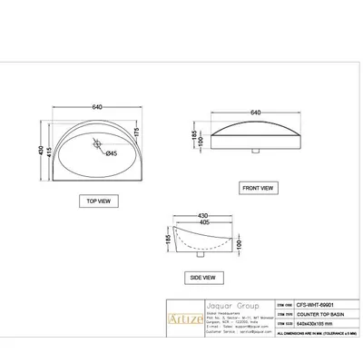 Technical drawing for Artize Confluence Counter Top Basin 650x450mm