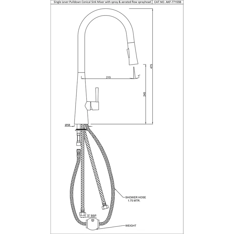 Technical drawing for Artize FLO2 ChromeSingle Lever Spring Pulldown Sink Mixer with spray & aerated flow sprayhead