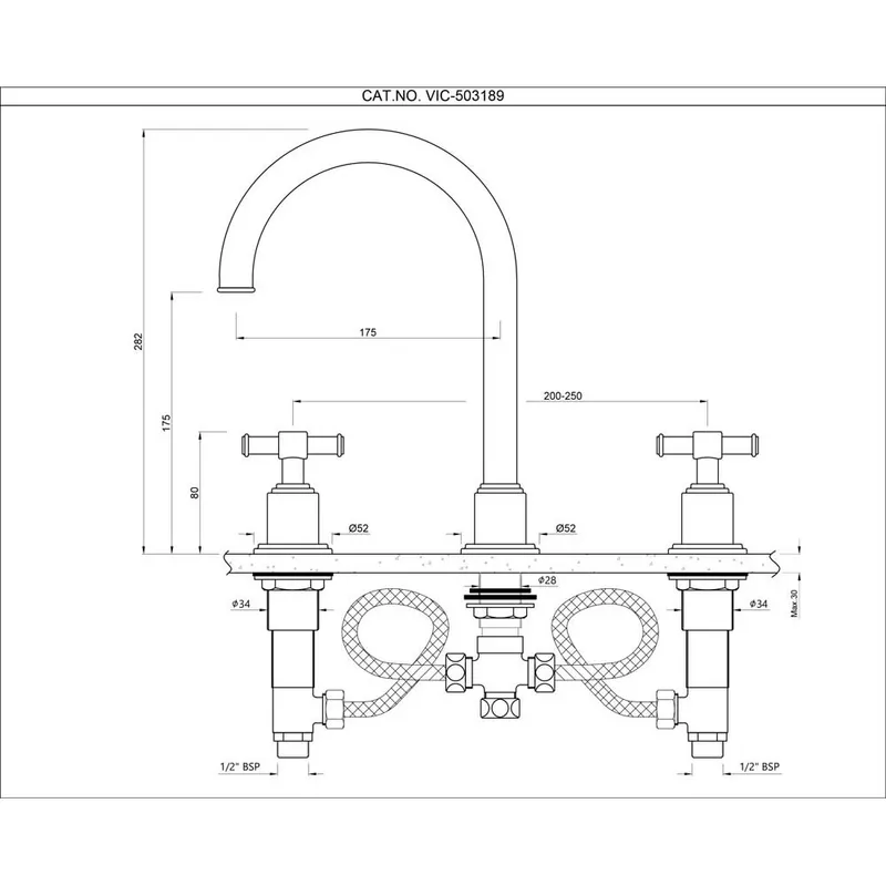 Technical drawing for Artize VIC Chrome 3 Hole Basin Mixer