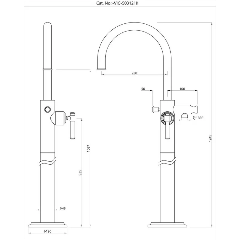 Technical drawing for Artize VIC Chrome Floor Mounted Single Lever Bath Mixer
