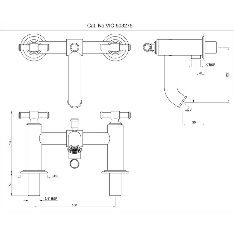 Technical drawing for Artize VIC Chrome H Type Bath and Shower Mixer