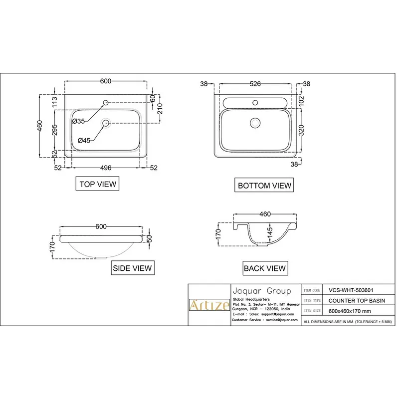 Technical drawing for Artize VIC Counter Top White Basin 600x460mm
