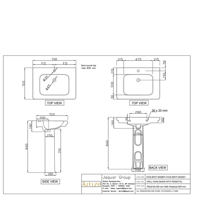 Technical drawing for Artize VIC Pedestal Basins 700x510mm