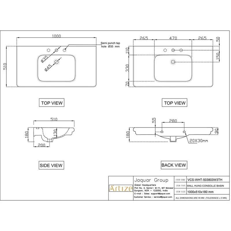 Technical drawing for Artize VIC Rectangular Wall Hung Console White Basin 1000x510mm